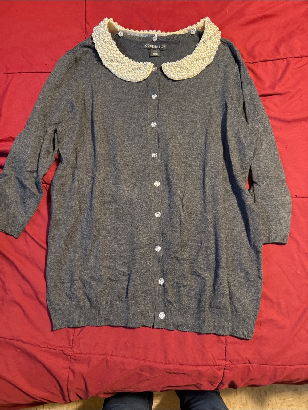 Covington Gray Knit Cardigan with Beaded Cream Collar